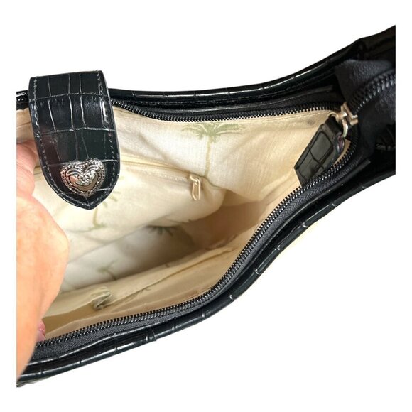 Raffa Straw & Black Crocodile Animal Print Vegan Leather Handbag Silver Hearts - Picture 4 of 13